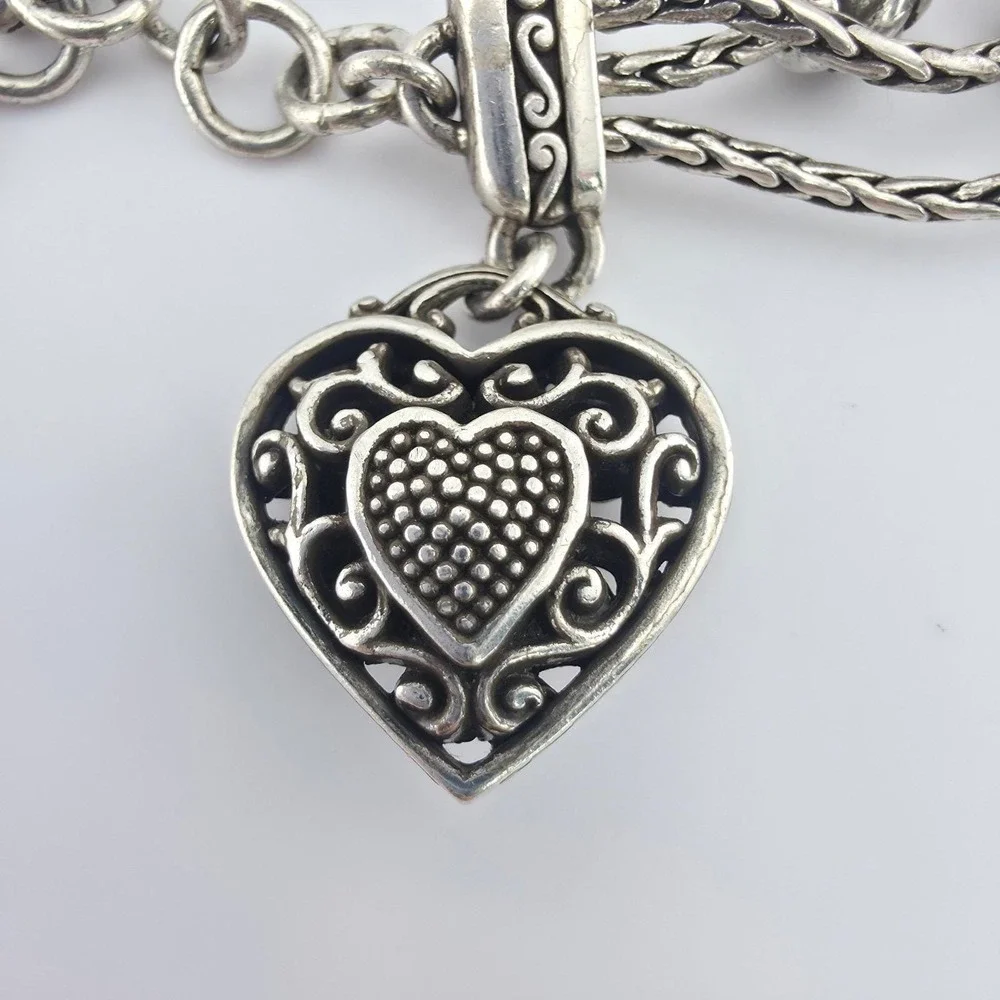 BRIGHTON 'Reno Heart' Charm Bracelet Pavé Crystals Scrollwork Silver Plate 7.5
